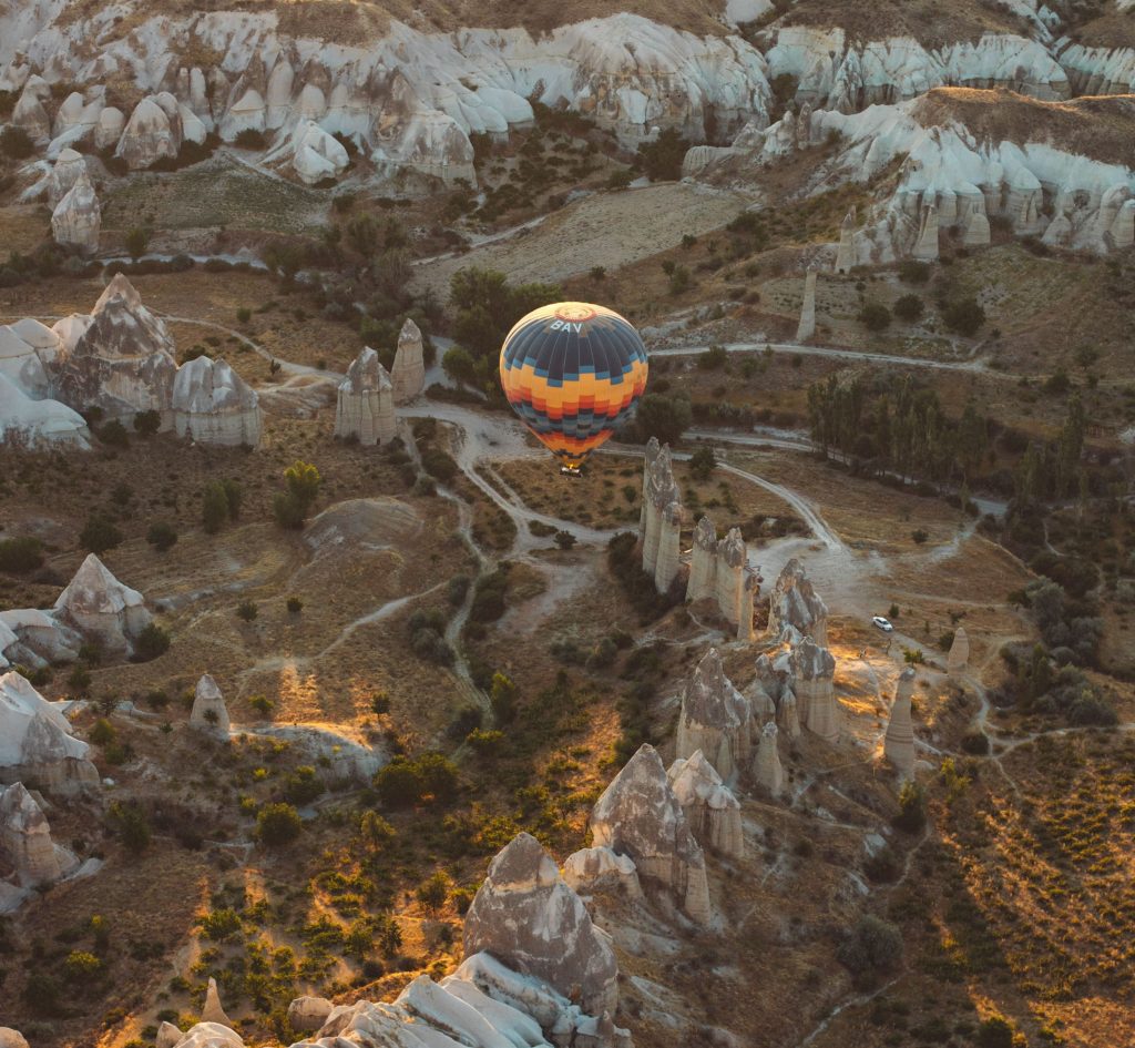 Hot air balloons flying over Cappadocia in Turkey